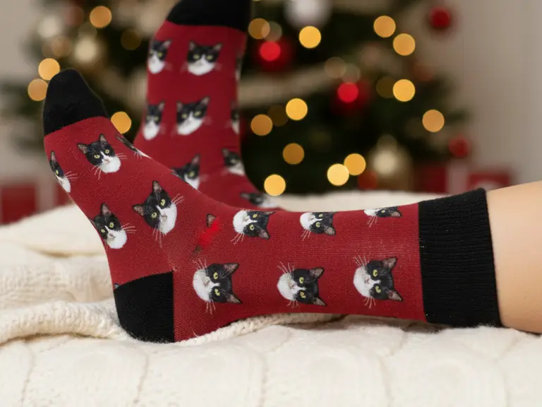 Chaussettes rouges imprimées partout de la tête d'un chat noir et blanc, revers, talon et bout noirs, devant un sapin illuminé.