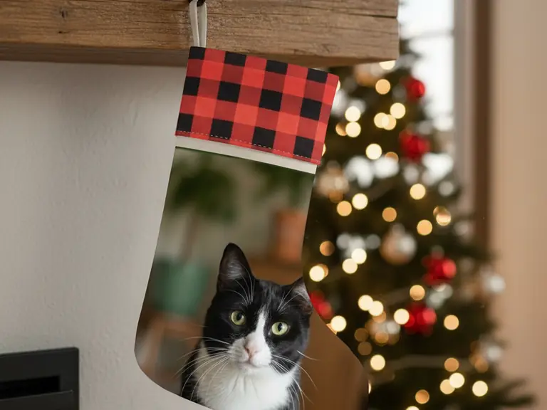 Bas de Noël en tissu façon lin, revers à carreaux rouge et noir, la photo d'un chat noir et blanc imprimée sur toute la face avant, accroché au manteau de la cheminée.