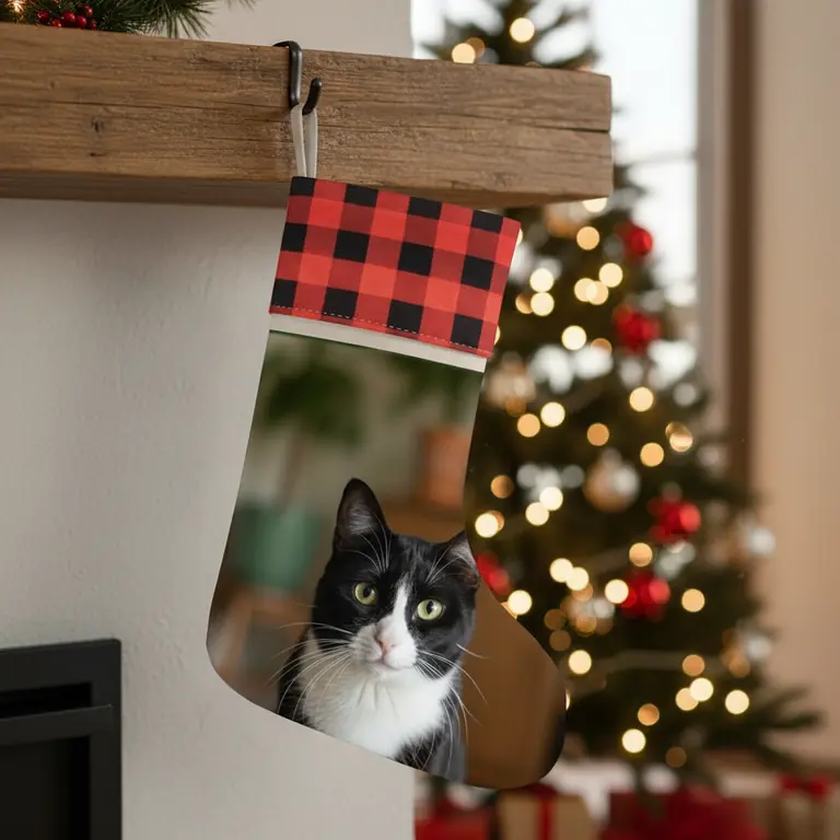 Bas de Noël en tissu façon lin, revers à carreaux rouge et noir, la photo d'un chat noir et blanc imprimée sur toute la face avant, accroché au manteau de la cheminée.