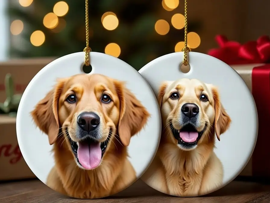 Deux ornements plats et ronds en céramique blanche avec fin cordon doré, chacun imprimé de la photo d'un golden retriever, côte à côte devant un sapin illuminé.