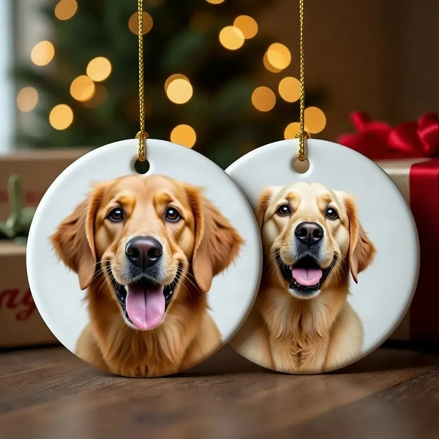 Deux ornements plats et ronds en céramique blanche avec fin cordon doré, chacun imprimé de la photo d'un golden retriever, côte à côte devant un sapin illuminé.