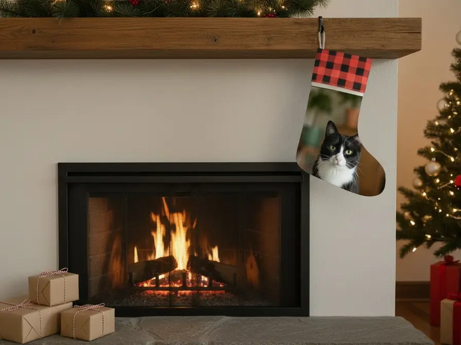 Bas de Noël en tissu façon lin, revers à carreaux rouge et noir, la photo d'un chat noir et blanc sur la face avant, accroché au manteau d'un foyer allumé; trois cadeaux emballés de kraft sur l'âtre.