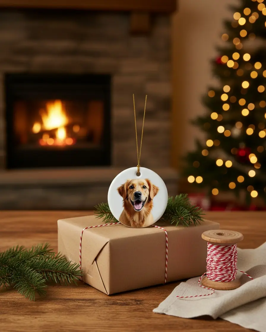 Ornement plat et rond en céramique blanche, imprimé de la photo d'un golden retriever, posé sur un cadeau emballé de papier kraft et de ficelle rouge et blanche, devant un feu de foyer et un sapin illuminé.