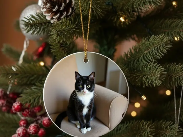 Ornement plat et rond en céramique blanche glacée, imprimé de la photo d'un chat noir et blanc, suspendu au sapin par un fin cordon doré.