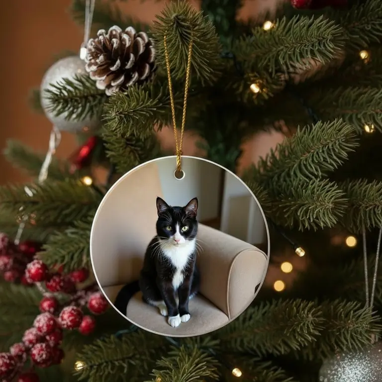 Ornement plat et rond en céramique blanche glacée, imprimé de la photo d'un chat noir et blanc, suspendu au sapin par un fin cordon doré.