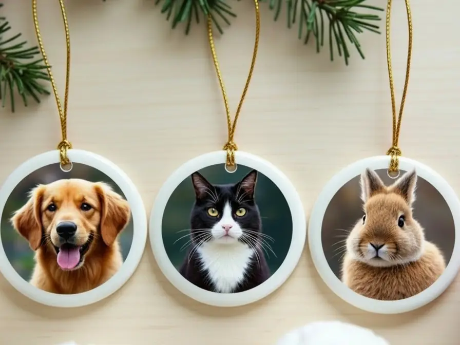 Trois ornements plats et ronds en céramique blanche avec fin cordon doré : un chien, un chat et un lapin, posés sur une table en bois.