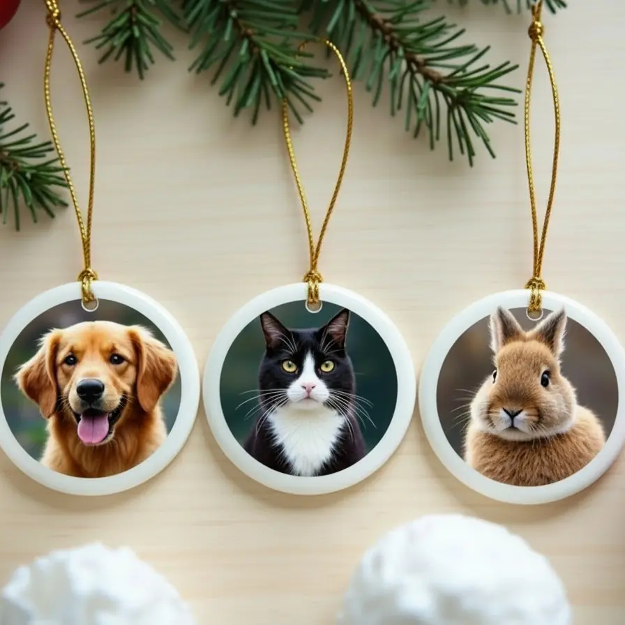 Trois ornements plats et ronds en céramique blanche avec fin cordon doré : un chien, un chat et un lapin, posés sur une table en bois.